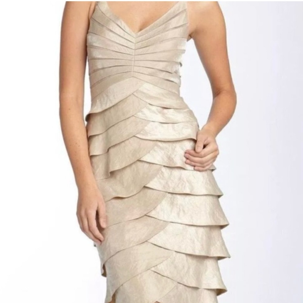 ADRIANNA Papell Champagne Layered Dress Tiered Ruffles Size 8P